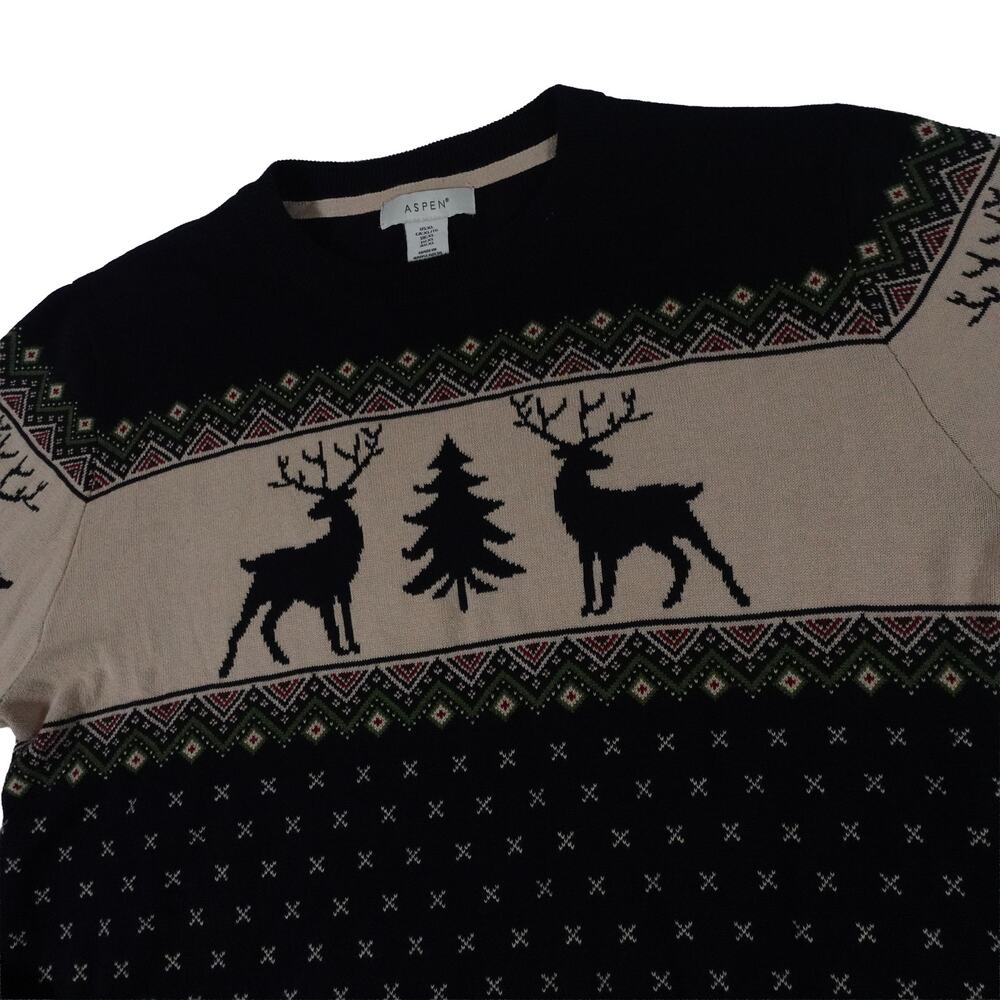 Aspen Christmas Tree Reindeer Geometric Crew Neck Knit Sweater Men's XL